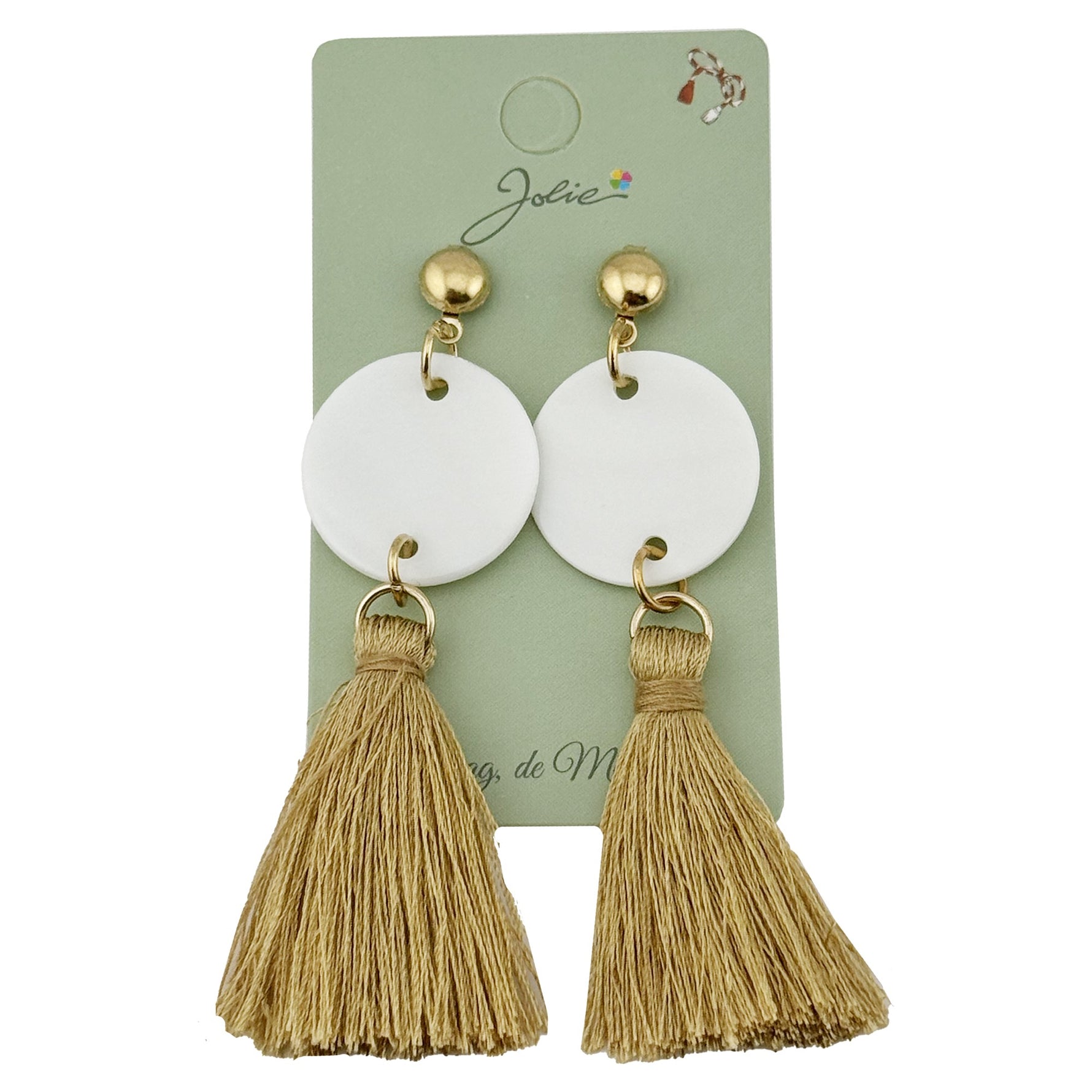 Cercei Dama de Primavara, Jolie, Model cu Ciucuri Aurii si Disc Alb, Eleganti si Moderni, 7 x 2 cm per unitate,