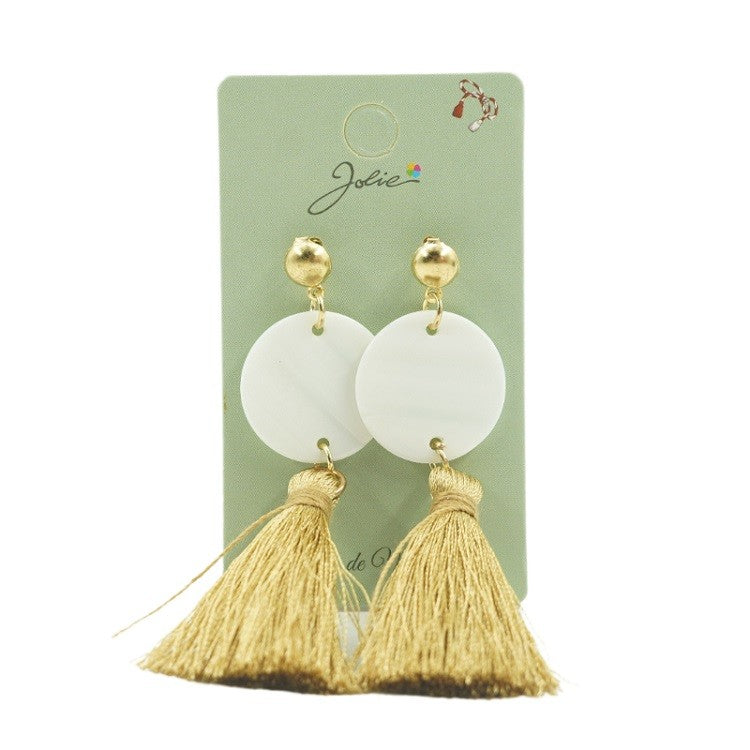 Cercei Dama de Primavara, Jolie, Model cu Ciucuri Aurii si Disc Alb, Eleganti si Moderni, 7 x 2 cm per unitate,