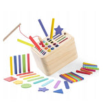 Jucarie Educativa Montessori Flippy din Lemn, Cutie Sortare Forme, Culori si Betisoare, Joc de Insirare, 56 piese,