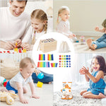 Jucarie Educativa Montessori Flippy din Lemn, Cutie Sortare Forme, Culori si Betisoare, Joc de Insirare, 56 piese,