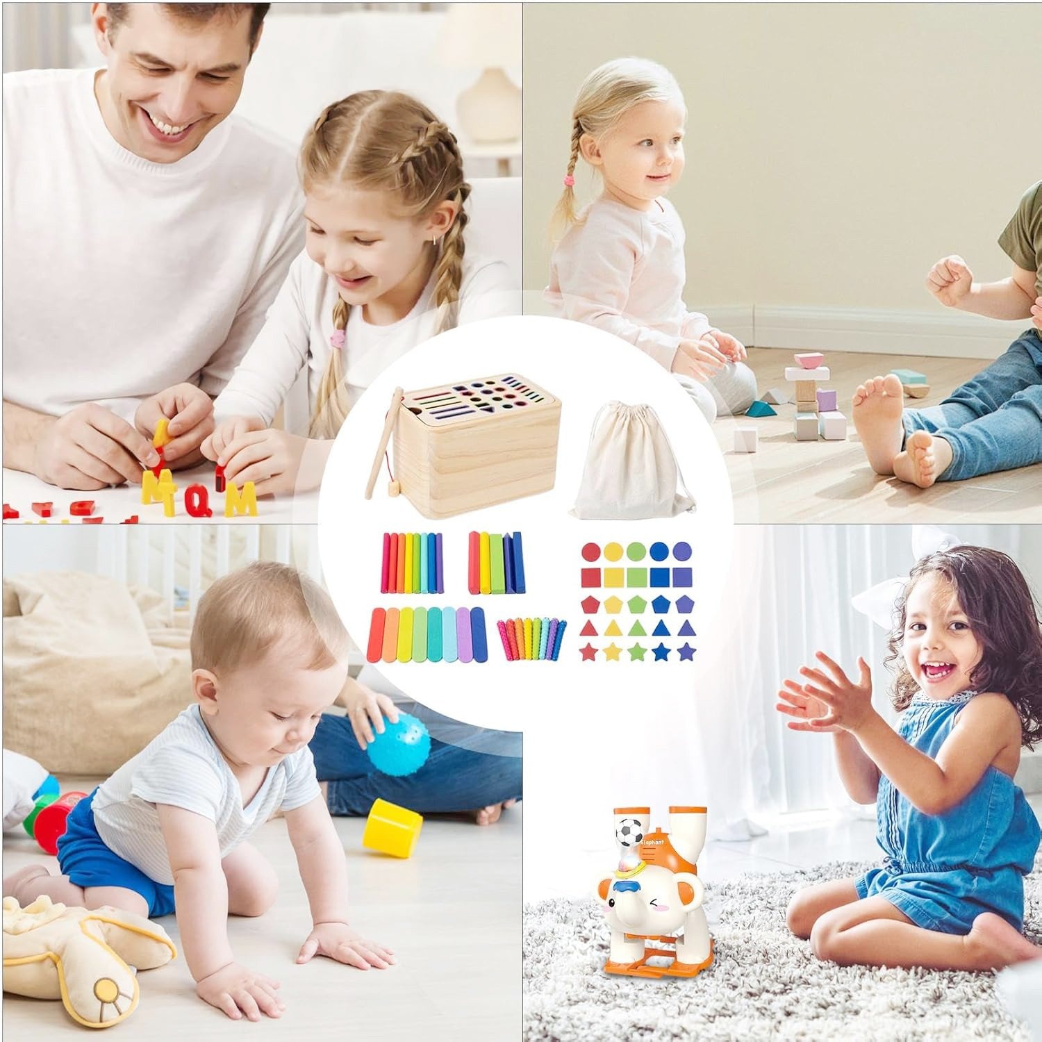 Jucarie Educativa Montessori Flippy din Lemn, Cutie Sortare Forme, Culori si Betisoare, Joc de Insirare, 56 piese,