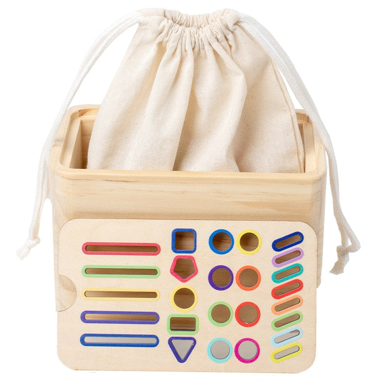 Jucarie Educativa Montessori Flippy din Lemn, Cutie Sortare Forme, Culori si Betisoare, Joc de Insirare, 56 piese,