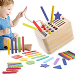 Jucarie Educativa Montessori Flippy din Lemn, Cutie Sortare Forme, Culori si Betisoare, Joc de Insirare, 56 piese,
