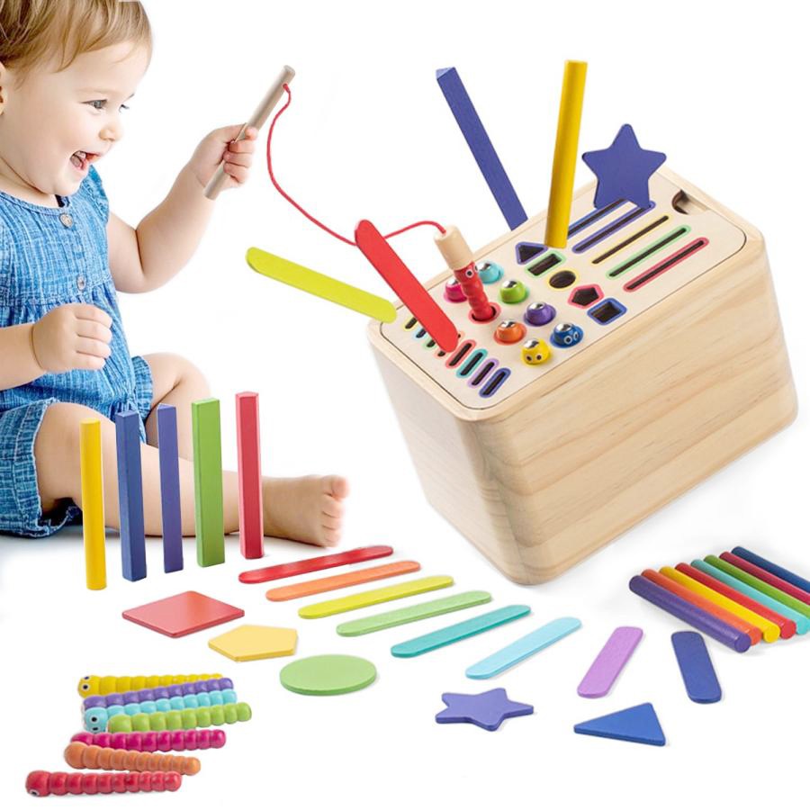 Jucarie Educativa Montessori Flippy din Lemn, Cutie Sortare Forme, Culori si Betisoare, Joc de Insirare, 56 piese,