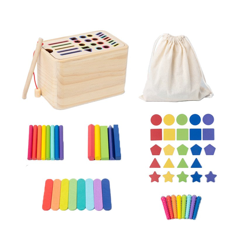 Jucarie Educativa Montessori Flippy din Lemn, Cutie Sortare Forme, Culori si Betisoare, Joc de Insirare, 56 piese,