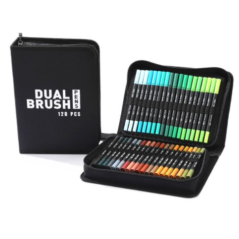 Set Carioci pe Baza de Apa, Flippy, 2 in 1, pentru Pictura, Caligrafie, 120 Culori, Penar Negru, Corp Carioca Negru,