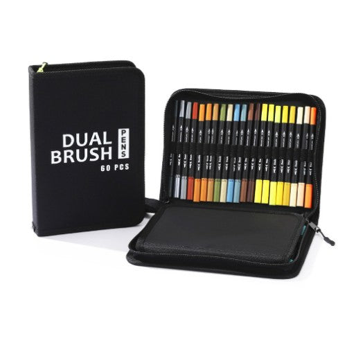 Set Carioci pe Baza de Apa, Flippy, 2 in 1, pentru Pictura, Caligrafie, 60 Culori, Penar Negru, Corp Carioca Negru,