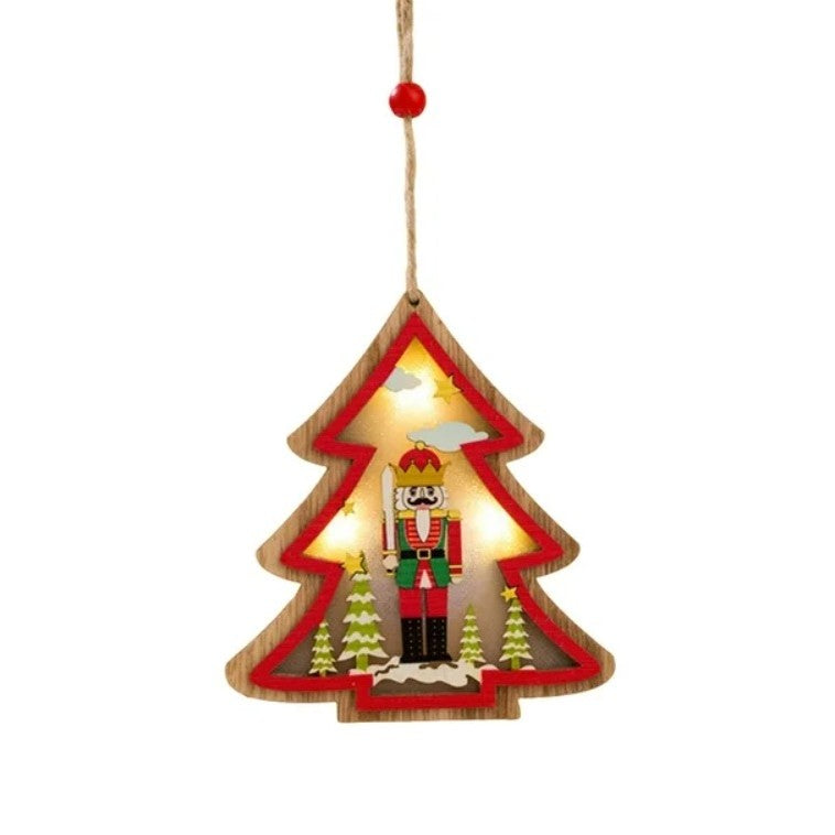 Ornament de Brad, Flippy, cu Lumini LED, din Lemn, Figurina Spargatorul de Nuci, Model Brad, Multicolor