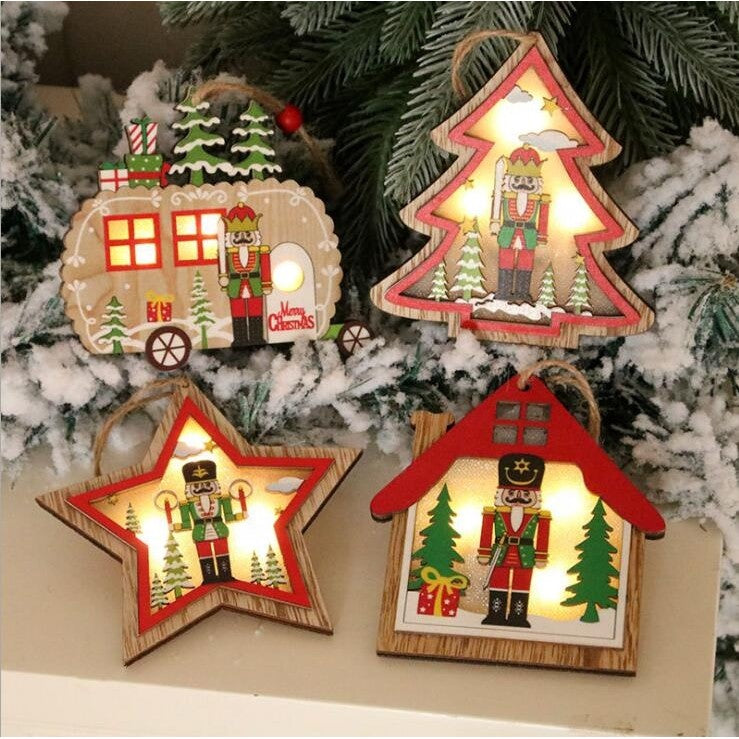 Ornament de Brad, Flippy, cu Lumini LED, din Lemn, Figurina Spargatorul de Nuci, Model Brad, Multicolor