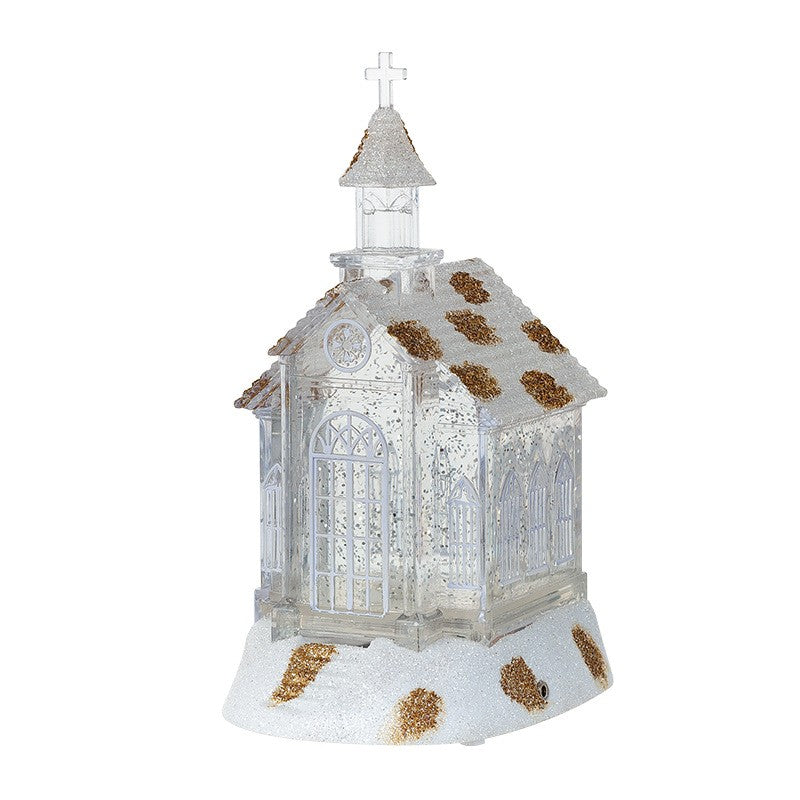 Decoratiune de Craciun, Flippy, Model Bisericuta Transparenta cu Sclipici, Iluminare LED si Efect Zapada, 22 x 13 x