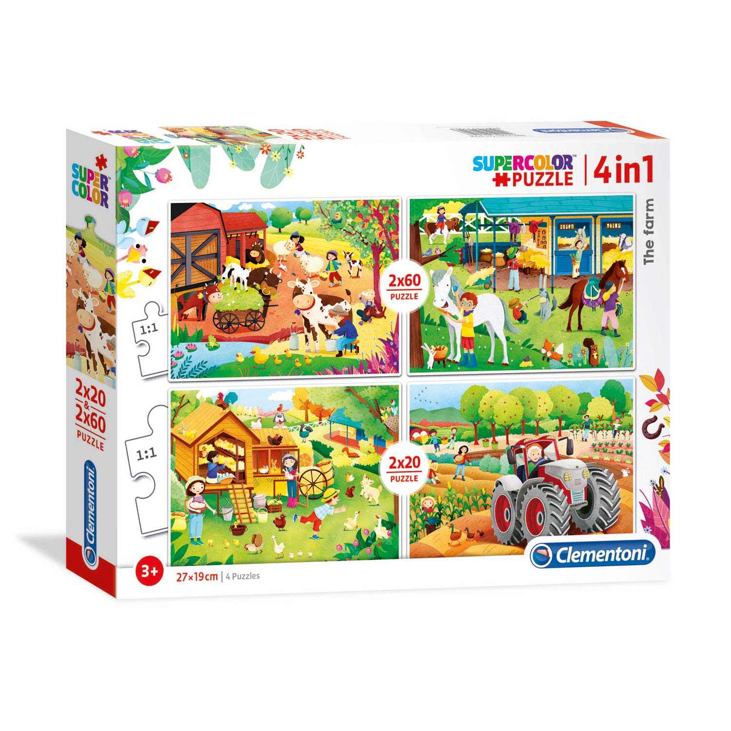 Clementoni, SuperColor 4 in 1, Ferma, Puzzle, Unisex, 3+ ani, 2 x 20 + 2 x 60 buc - Olmarkt