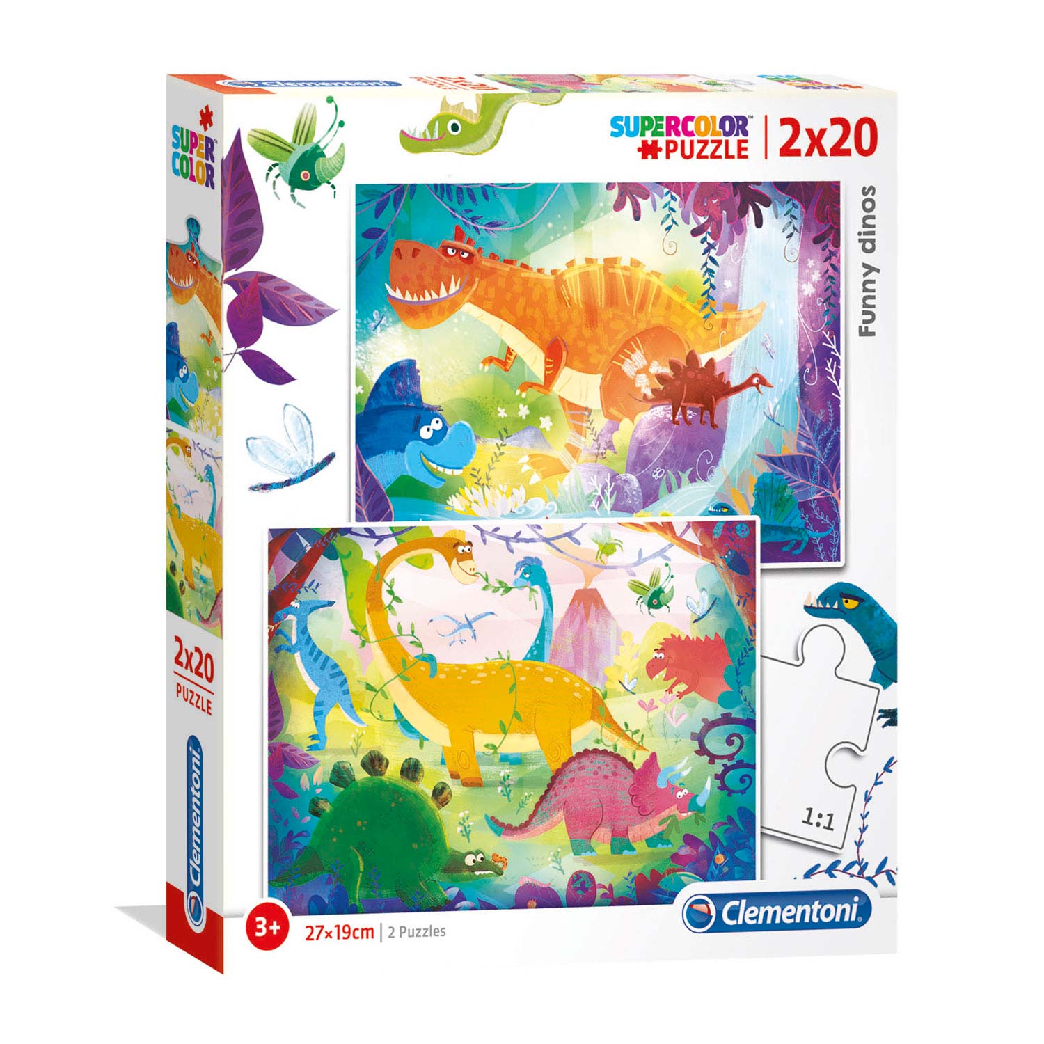 Set Duo, Clementoni, Supercolor, Dinozauri amuzanți, Puzzle, Unisex, 3+ ani, 2 x 20 buc - Olmarkt