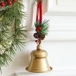 Clopot decorativ pentru Brad Craciun, Flippy, Clopot din Metal cu Funda si Crenguta de Brad pentru Decoratiune de
