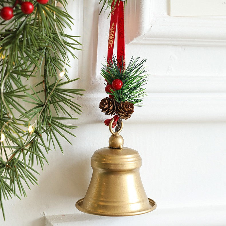 Clopot decorativ pentru Brad Craciun, Flippy, Clopot din Metal cu Funda si Crenguta de Brad pentru Decoratiune de