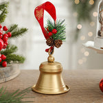 Clopot decorativ pentru Brad Craciun, Flippy, Clopot din Metal cu Funda si Crenguta de Brad pentru Decoratiune de