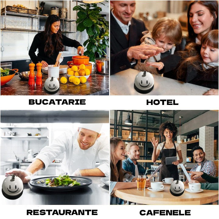 Clopotel Metalic Multifunctional, Flippy, Alb cu Imprimeu Smiley Face, 7.5x7.5x6.5 cm, Receptie, Restaurant, Cafenele