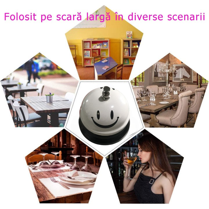 Clopotel Metalic Multifunctional, Flippy, Alb cu Imprimeu Smiley Face, 7.5x7.5x6.5 cm, Receptie, Restaurant, Cafenele