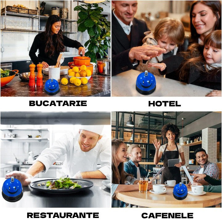 Clopotel Metalic Multifunctional, Flippy, Albastru cu Imprimeu Smiley Face, 7.5x7.5x6.5 cm, Receptie, Restaurant,