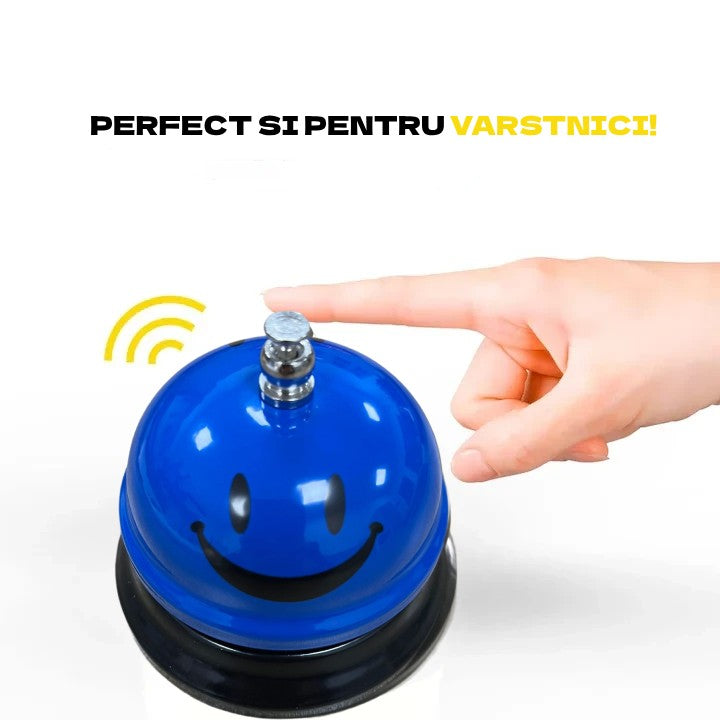Clopotel Metalic Multifunctional, Flippy, Albastru cu Imprimeu Smiley Face, 7.5x7.5x6.5 cm, Receptie, Restaurant,
