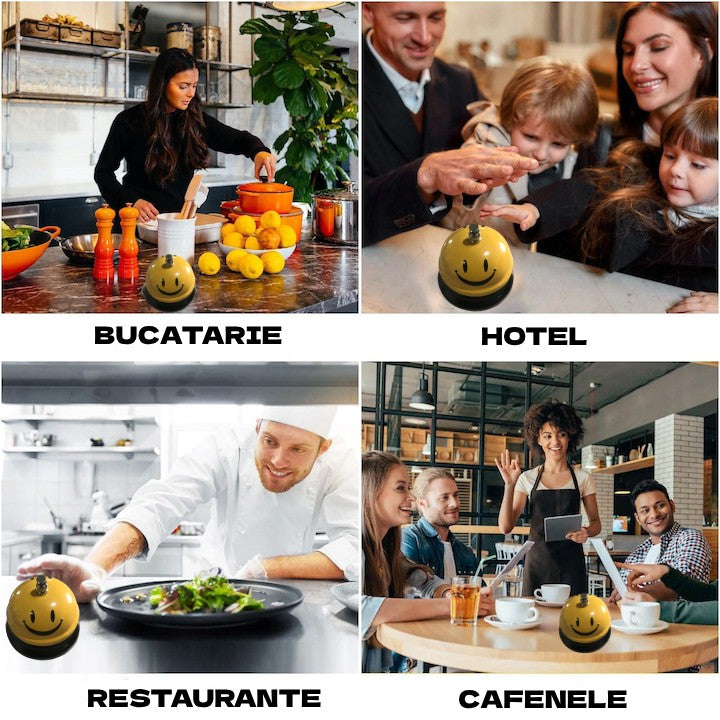 Clopotel Metalic Multifunctional, Flippy, Galben cu Imprimeu Smiley Face, 7.5x7.5x6.5 cm, Receptie, Restaurant, Cafenele