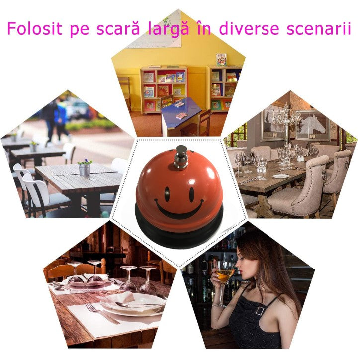 Clopotel Metalic Multifunctional, Flippy, Portocaliu cu Imprimeu Smiley Face, 7.5x7.5x6.5 cm, Receptie, Restaurant,