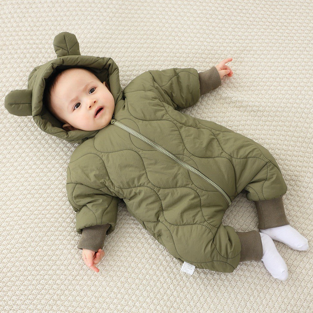 Combinezon de Iarna, Flippy, pentru Bebelusi, din Bumbac, cu Urechi, Mansete Elastice, Unisex, 73 cm, Verde