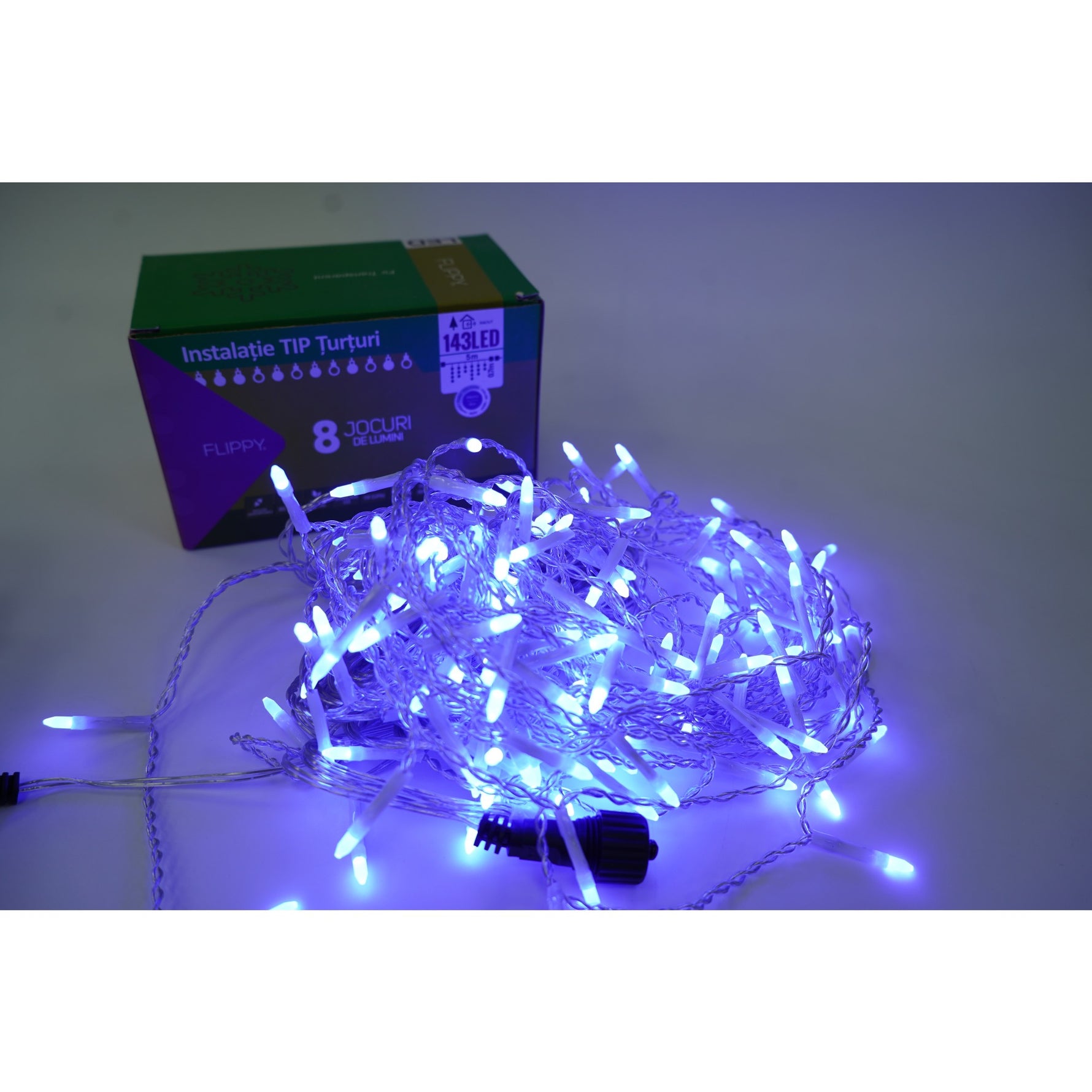 Sectiune Instalatie de Craciun, Flippy®, Tip Turturi, Fara Alimentator, 5m, 143 LED-uri, 8 Jocuri de Lumini, Fir