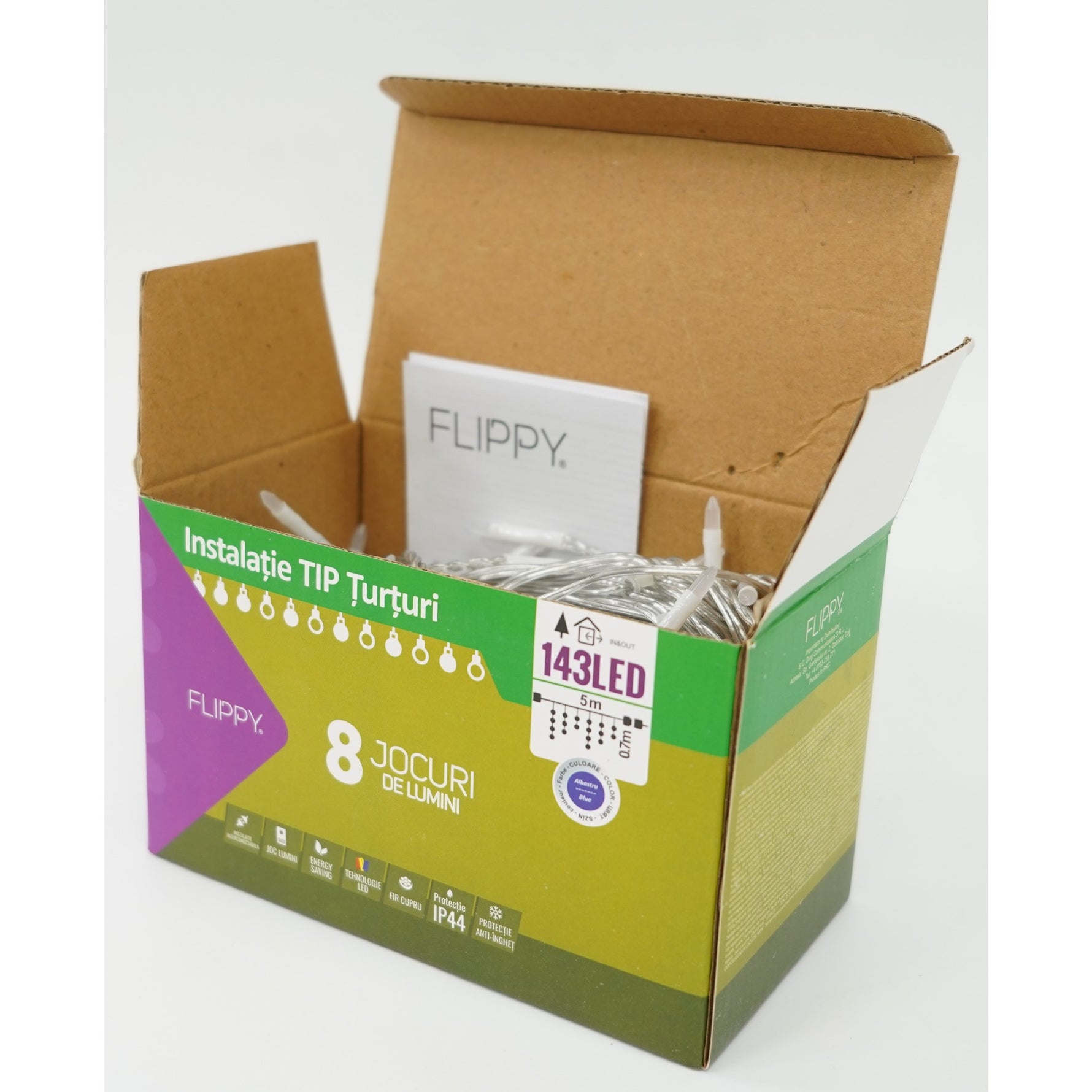 Sectiune Instalatie de Craciun, Flippy®, Tip Turturi, Fara Alimentator, 5m, 143 LED-uri, 8 Jocuri de Lumini, Fir