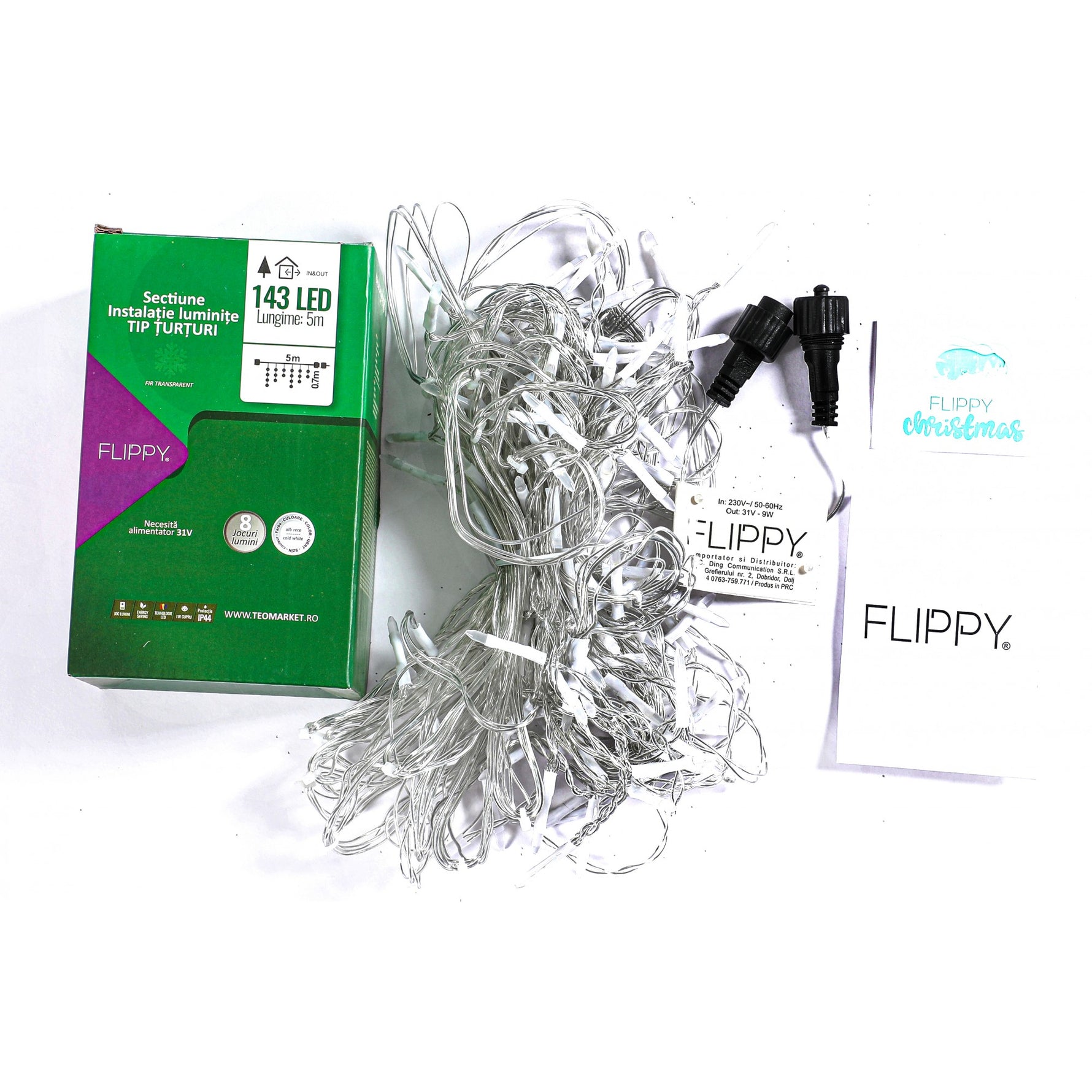 Componenta Instalatie de Craciun Flippy® Tip Franjuri, 8 jocuri de lumini Sectiune 5 m, 143 LED-uri, Interconectabila,