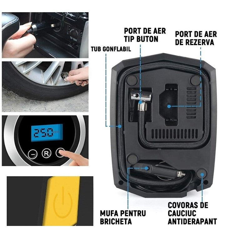 Compresor Auto Portabil cu Lanterna si Afisaj Electornic Flippy, DC 12V, 120W, 35L/min, Cablu de alimentare 3m, Pompa