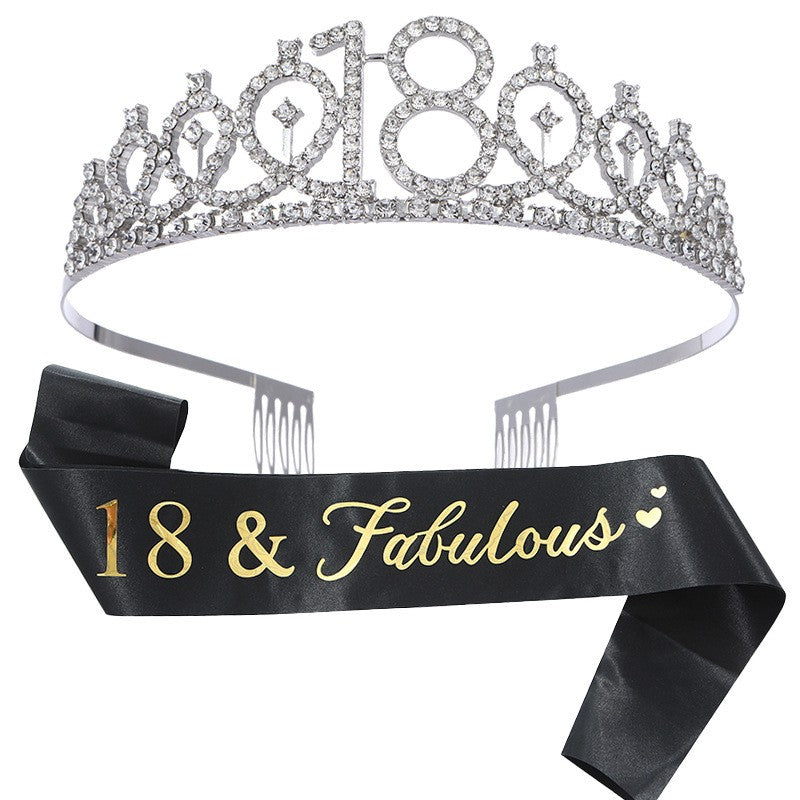 Set 2 Piese pentru Majorat, Flippy, 15 x 13 x 5 cm, Coronita Printesa Silver si Panglica 18&amp;Fabulous, Negru