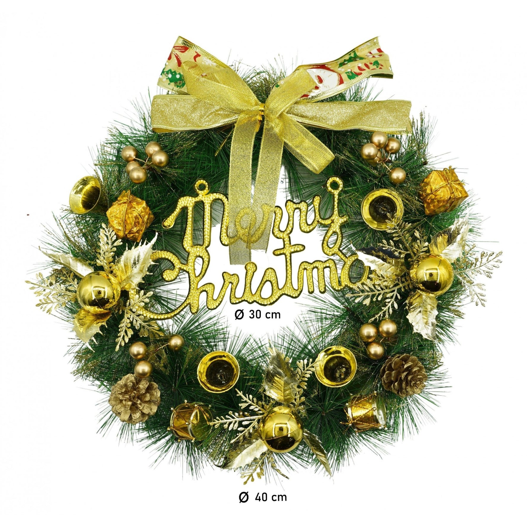 Coronita de Craciun pentru usa, Verde/Auriu, 40 cm, PVC, Artificiala, Decorata, Interior/Exterior, Flippy