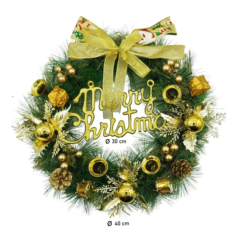 Coronita de Craciun pentru usa, Verde/Auriu, 40 cm, PVC, Artificiala, Decorata, Interior/Exterior, Flippy