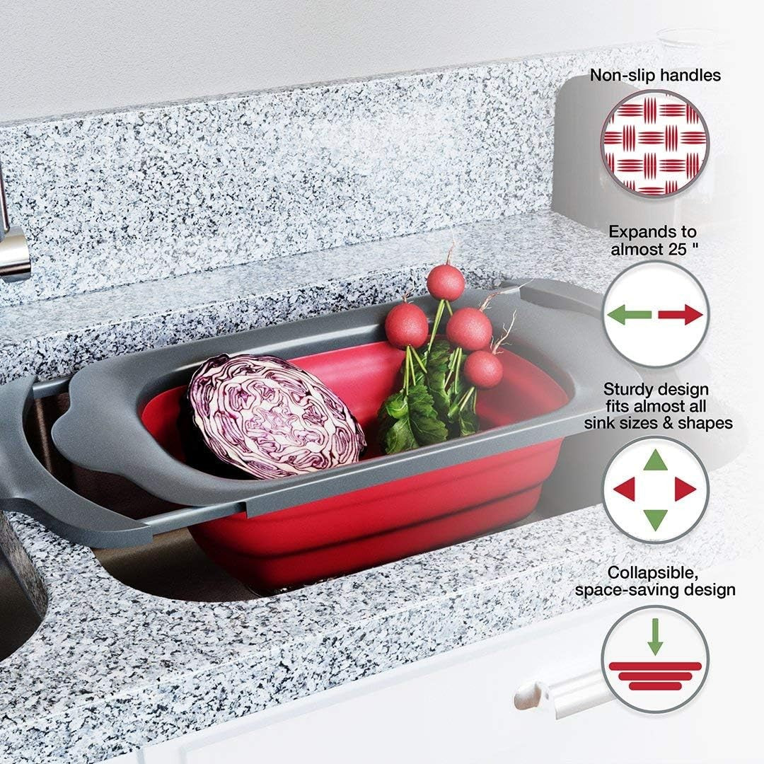 Cos de Scurgere Retractabil pentru Chiuveta, Flippy, cu Filtru, pentru Fructe si Legume, de Uz Casnic, 39x12 cm, Design