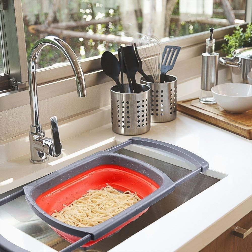 Cos de Scurgere Retractabil pentru Chiuveta, Flippy, cu Filtru, pentru Fructe si Legume, de Uz Casnic, 39x12 cm, Design