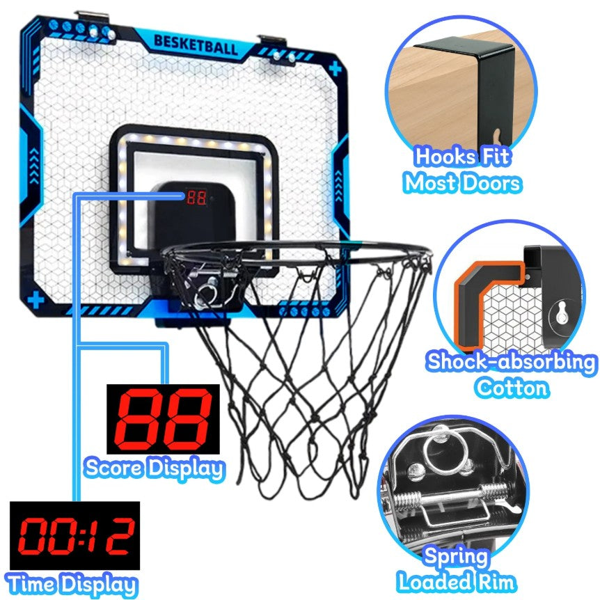 Cos de Baschet pentru Copii, Flippy, cu Tablou de Bord Electronic, Minge, Pompa, 2 Moduri, Interior/Exterior, Inel