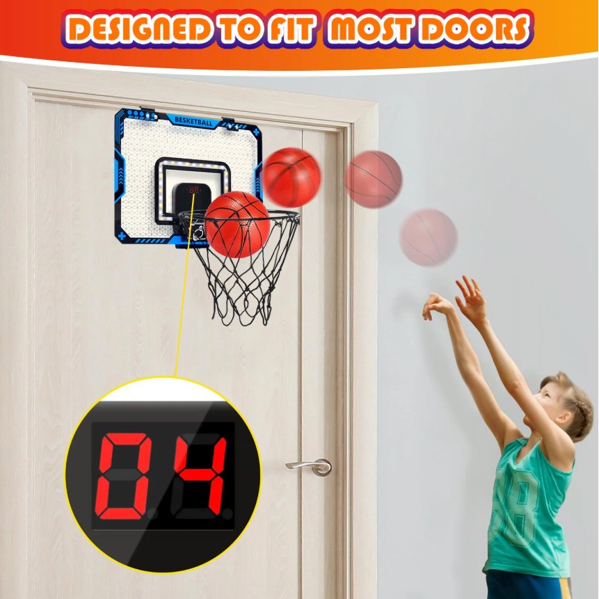Cos de Baschet pentru Copii, Flippy, cu Tablou de Bord Electronic, Minge, Pompa, 2 Moduri, Interior/Exterior, Inel