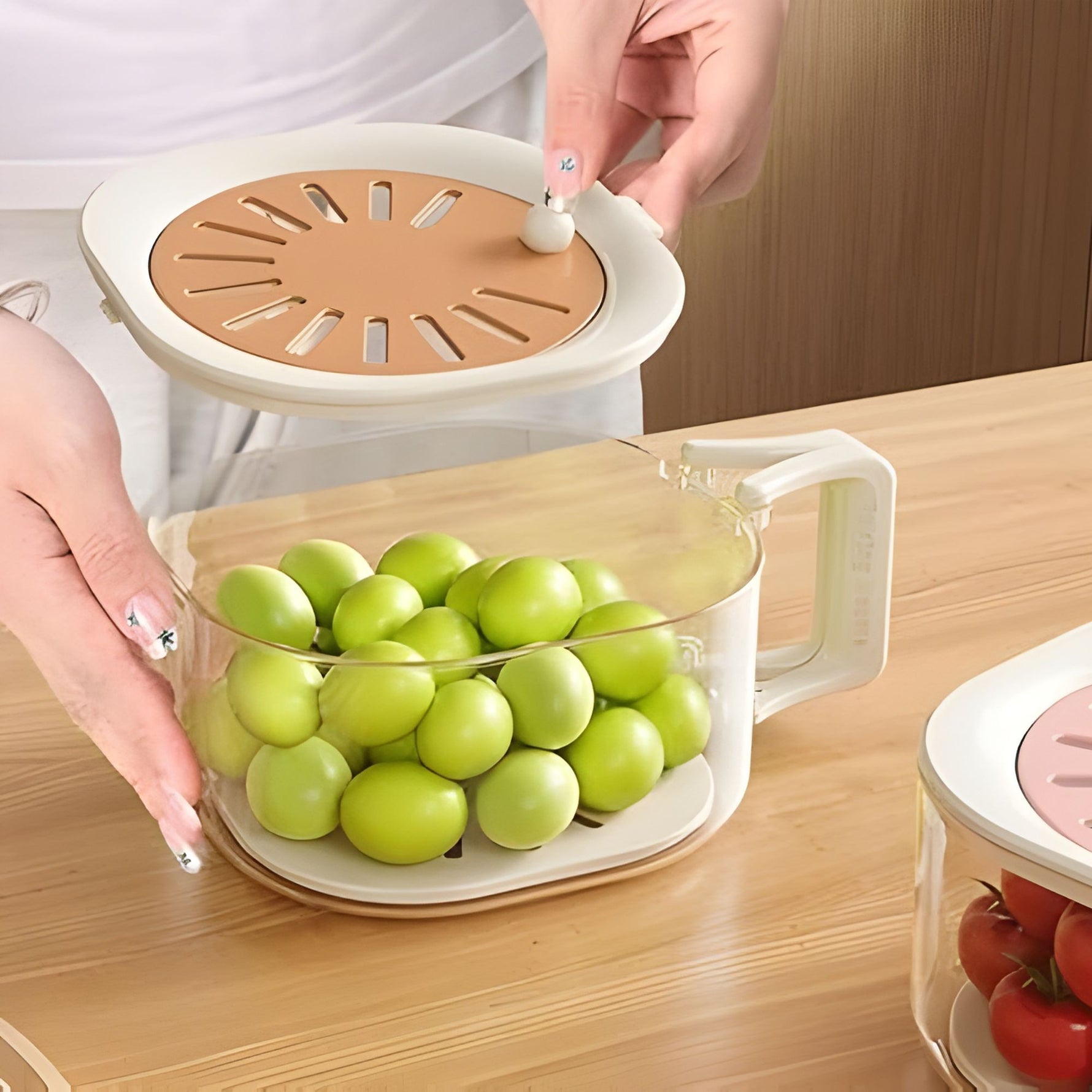 Cos de Scurgere pentru Fructe 2 in 1, Flippy, din Plastic Durabil, Filtru Telescopic, Scurgator de Fructe si Legume,
