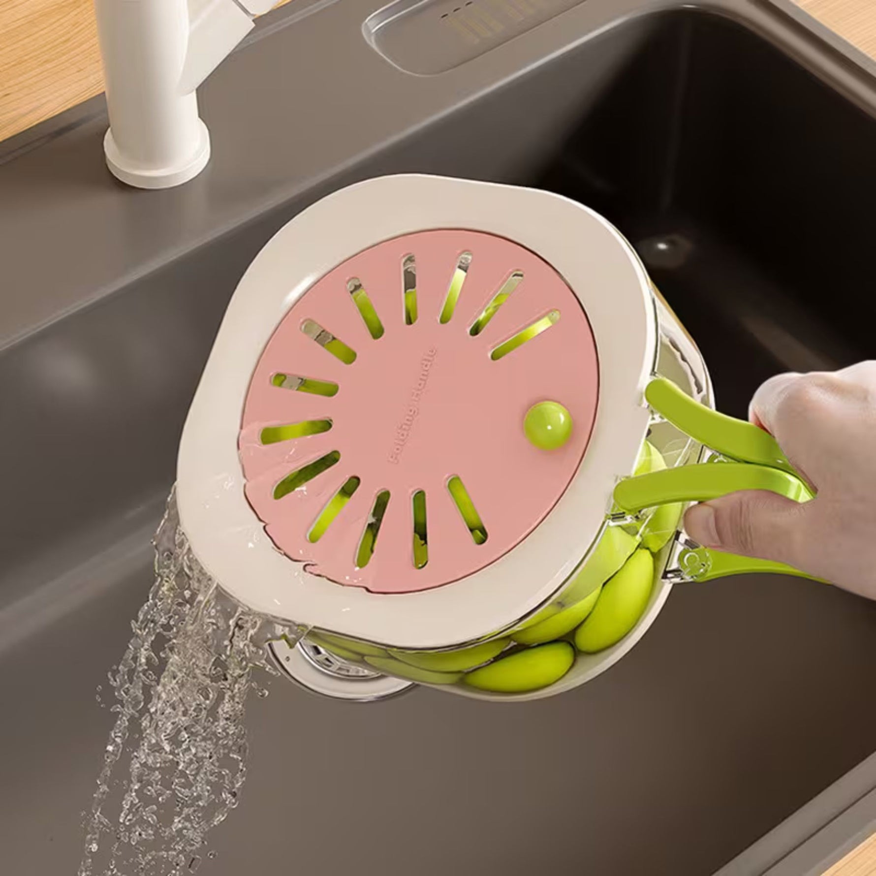 Cos de Scurgere pentru Fructe 2 in 1, Flippy, din Plastic Durabil, Filtru Telescopic, Scurgator de Fructe si Legume,