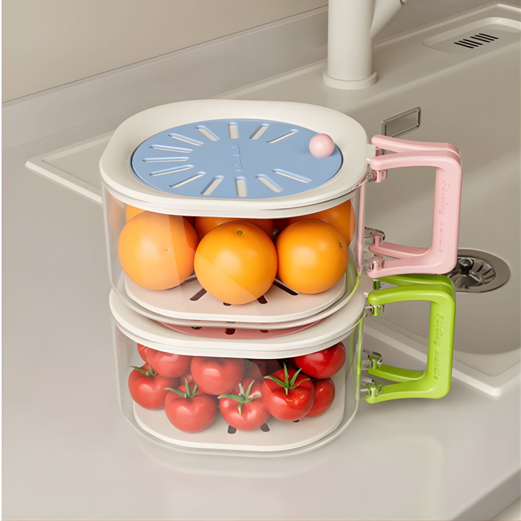 Cos de Scurgere pentru Fructe 2 in 1, Flippy, din Plastic Durabil, Filtru Telescopic, Scurgator de Fructe si Legume,