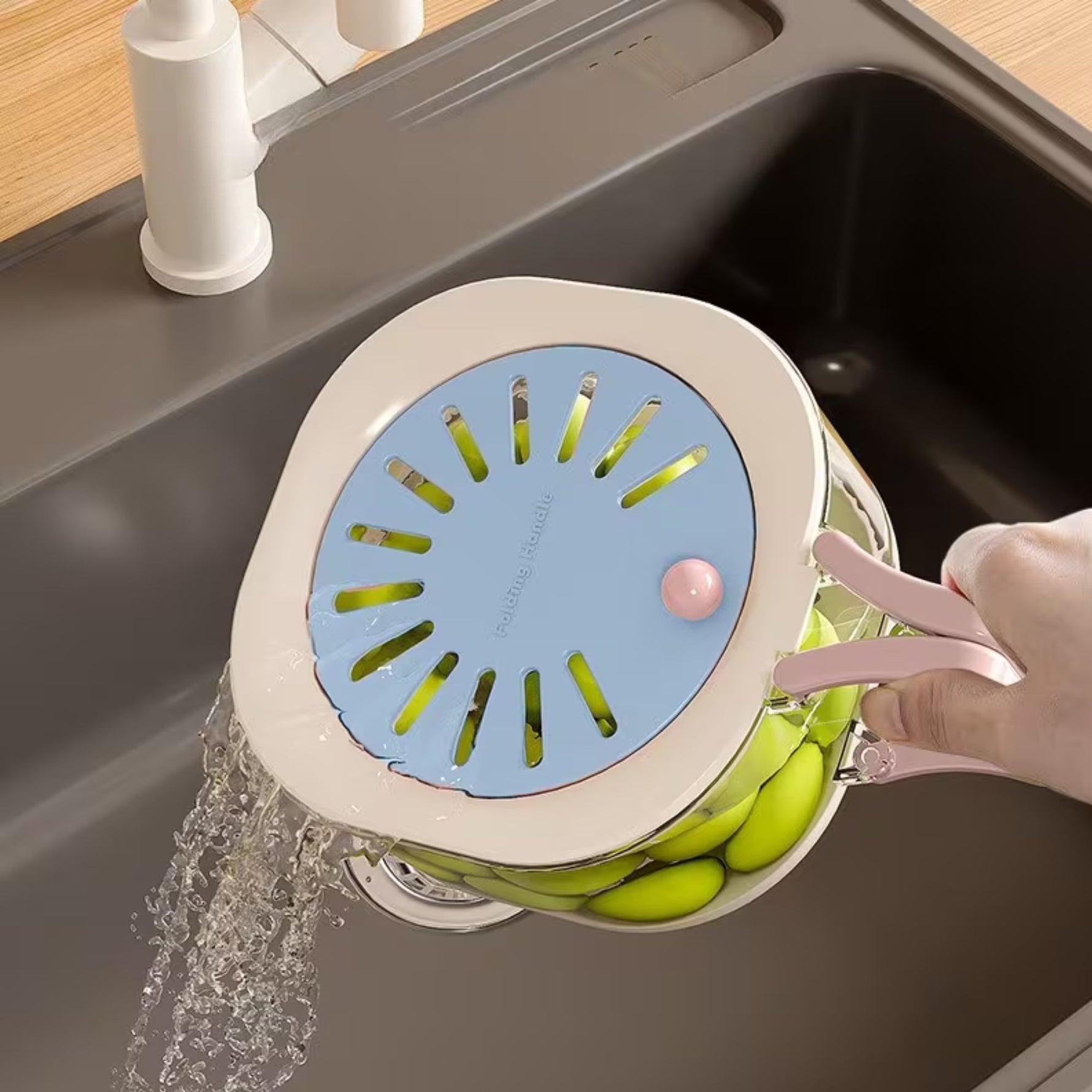 Cos de Scurgere pentru Fructe 2 in 1, Flippy, din Plastic Durabil, Filtru Telescopic, Scurgator de Fructe si Legume,