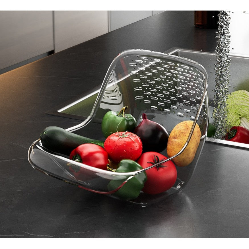 Cos de Spalat Legume/Fructe, Flippy, cu Scurgere Apa, din PET, 15.5 x 18.6 x 16.2 cm, Transparent