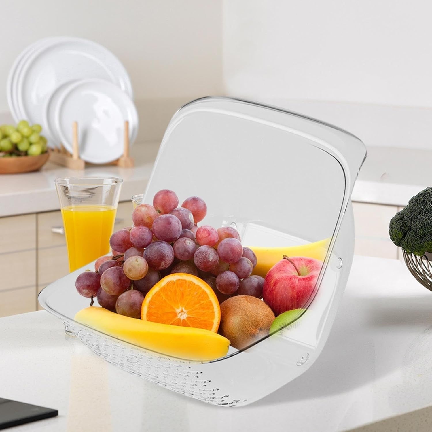Cos de Spalat Legume/Fructe, Flippy, cu Scurgere Apa, din PET, 15.5 x 18.6 x 16.2 cm, Transparent