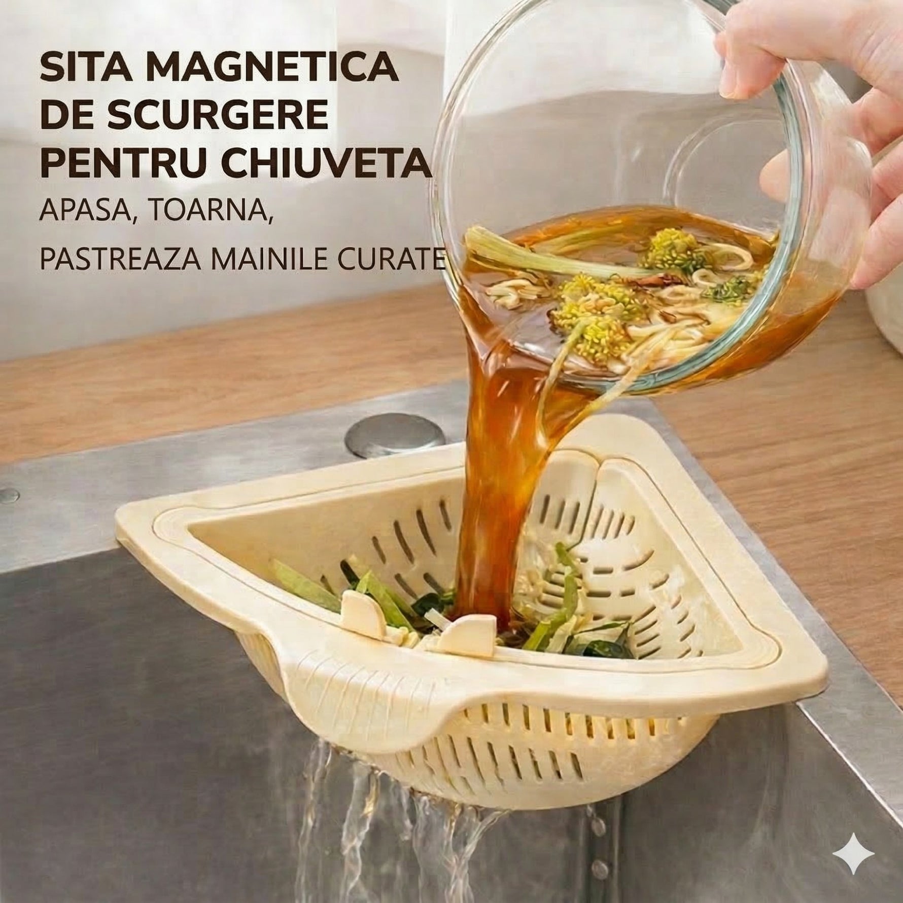 Cos Scurgere Chiuveta, Flippy, Strecuratoare Triunghiulara pentru Bucatarie, Suport Depozitare, Cos Perforat, Clatire