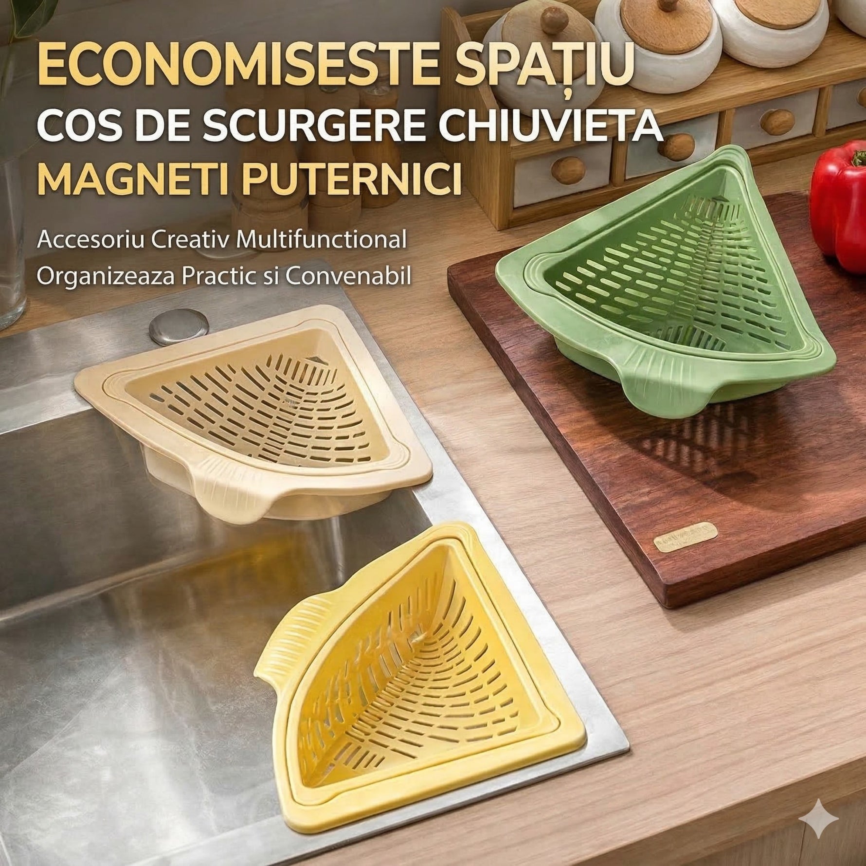 Cos Scurgere Chiuveta, Flippy, Strecuratoare Triunghiulara pentru Bucatarie, Suport Depozitare, Cos Perforat, Clatire