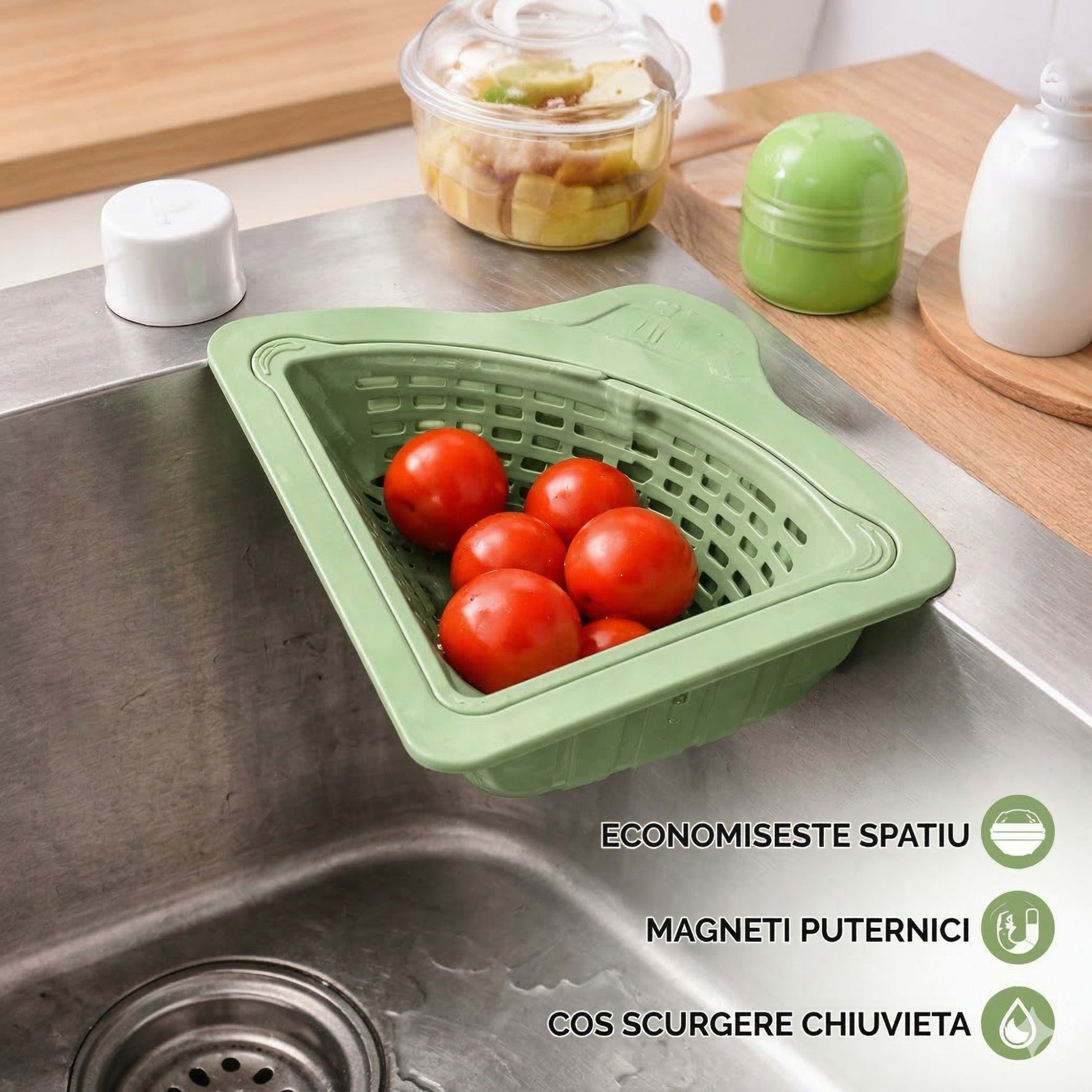 Cos Scurgere Chiuveta, Flippy, Strecuratoare Triunghiulara pentru Bucatarie, Suport Depozitare, Cos Perforat, Clatire