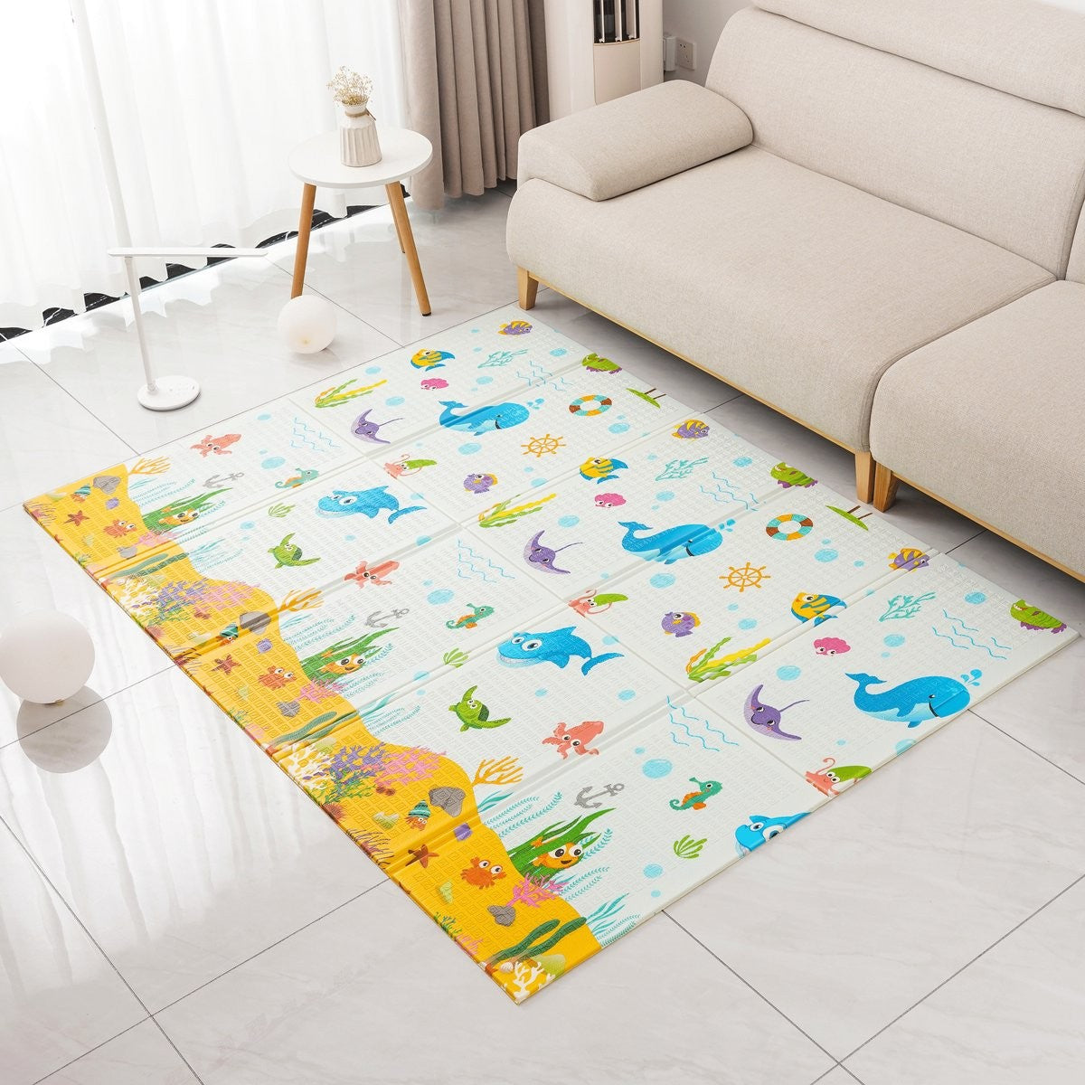 Covoras pentru Copii, Flippy, cu 2 Fete, Model Animale Marine/Exotice, din XPE+PE, Impermeabil, Antiderapant, Protectie