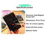 Caiet cu fise razuibile Flippy, DIY Magic Scratch, 12 File, Curcubeu, Creion din Lemn, Cartonase negre, 14.5 x 10 cm,