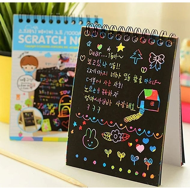 Caiet cu fise razuibile Flippy, DIY Magic Scratch, 12 File, Curcubeu, Creion din Lemn, Cartonase negre, 14.5 x 10 cm,