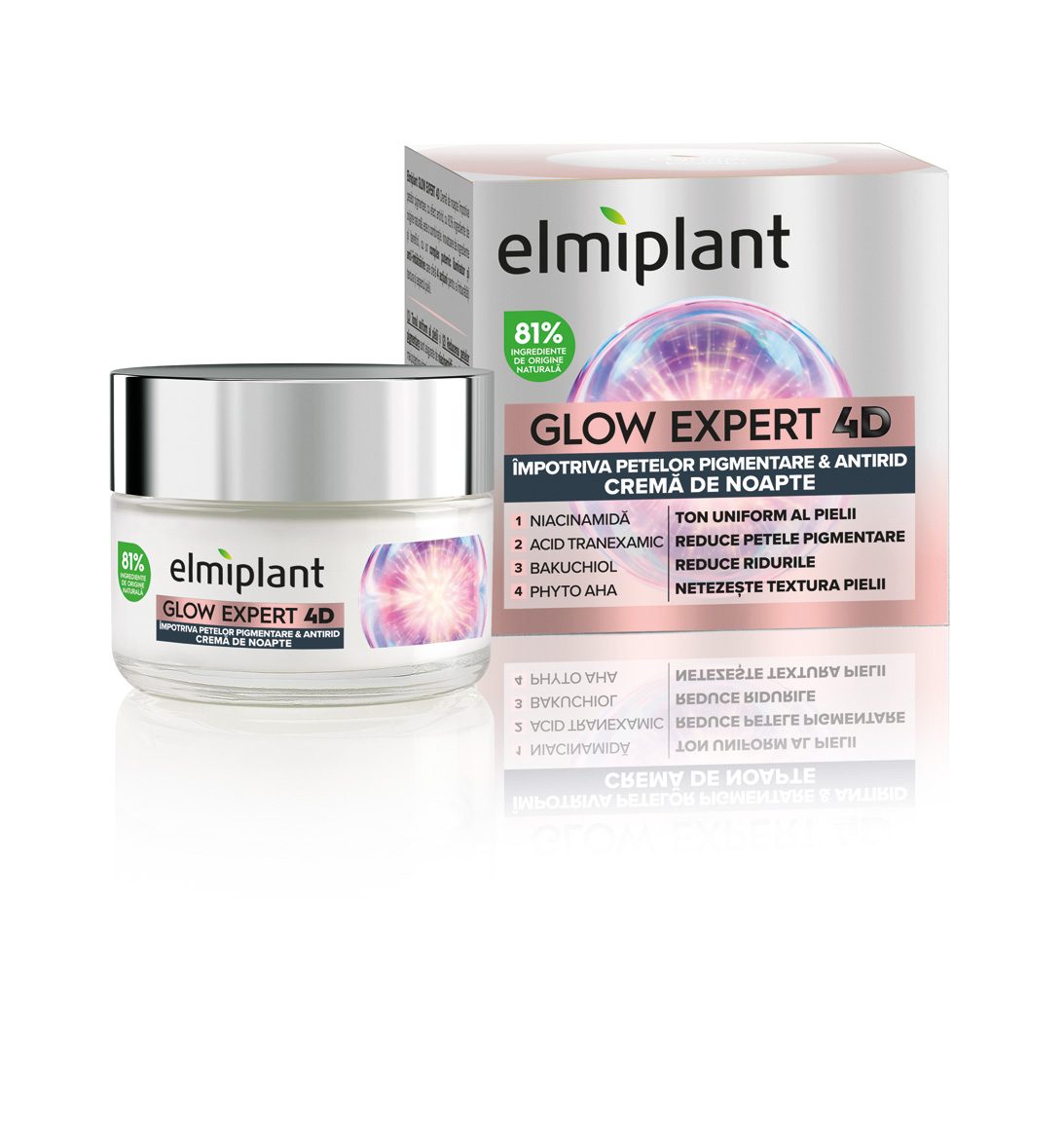 Crema de Noapte, Elmiplant, Glow Expert 4D Impotriva Petelor Pigmentare si Antirid, cu Niacinamida si Bakuchiol, 50 ml